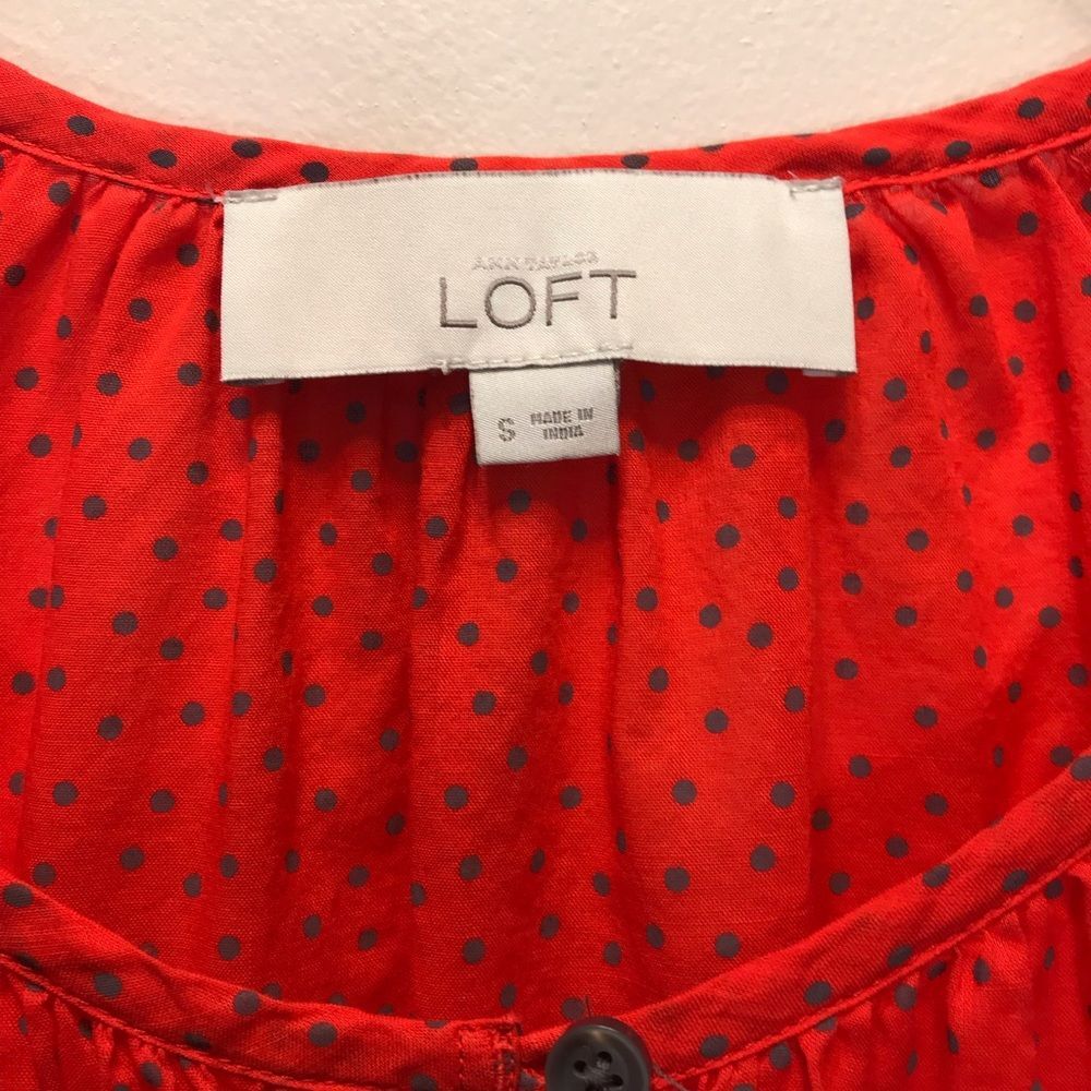 THE LOFT Orange + Gray Polka Dot Blouse Small - Picture 2 of 7